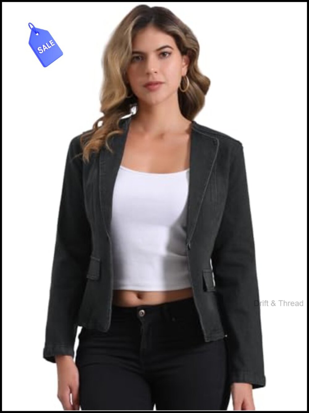 Collaredless Denim Blazer Fitted One Button Jean Jacket Tailored